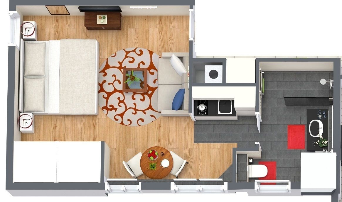 A 2-bedroom apartment layout with a living room, dining area, kitchen, and bathroom.