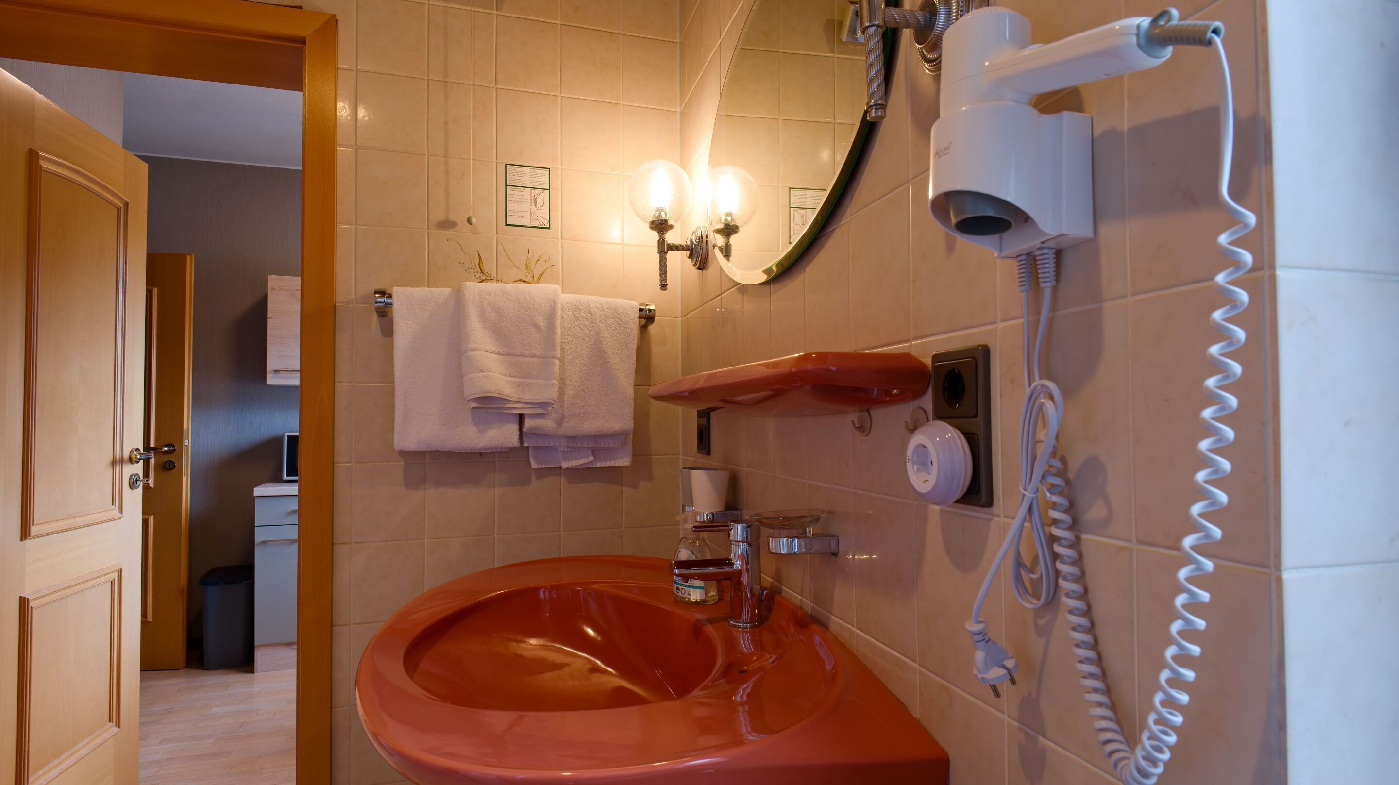 Une salle de bain équipée d’un lavabo, d’un porte-serviettes, d’un miroir et d’un sèche-cheveux.