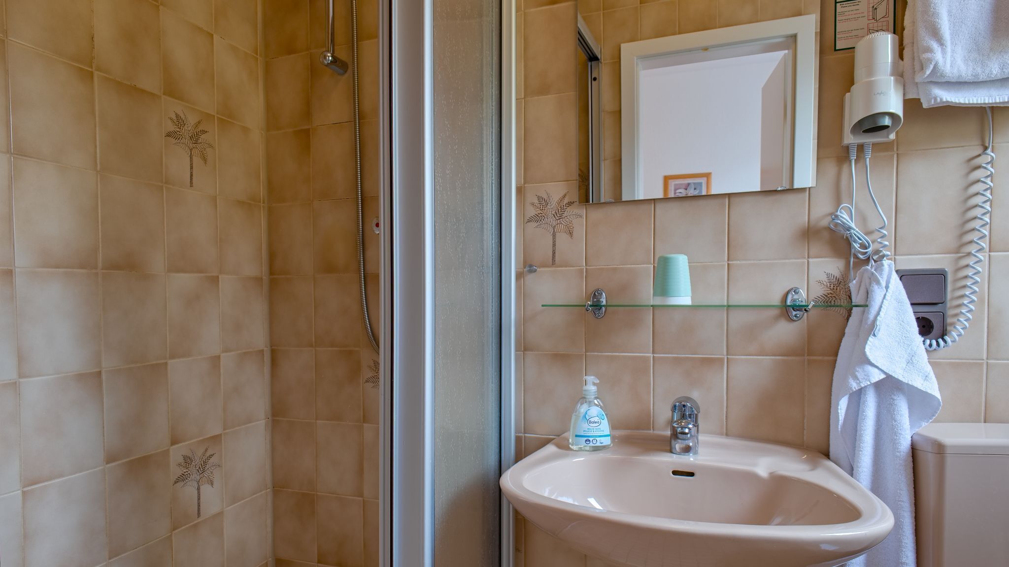 Une salle de bain équipée d’une douche, d’un lavabo, d’un miroir et d’un porte-serviettes.