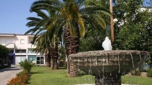 A fountain with water spouting from its center, surrounded by a stone basin. In the background, there are palm trees and a building with a flat roof. - Hotel Vicky (Thasos)