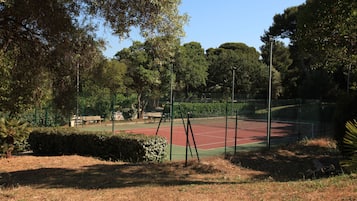 Een tennisbaan, omgeven door bomen en een hek.
