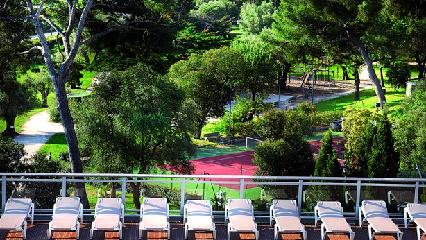 Une piscine dotée de chaises longues et offrant une vue sur un parc et un plan d’eau.