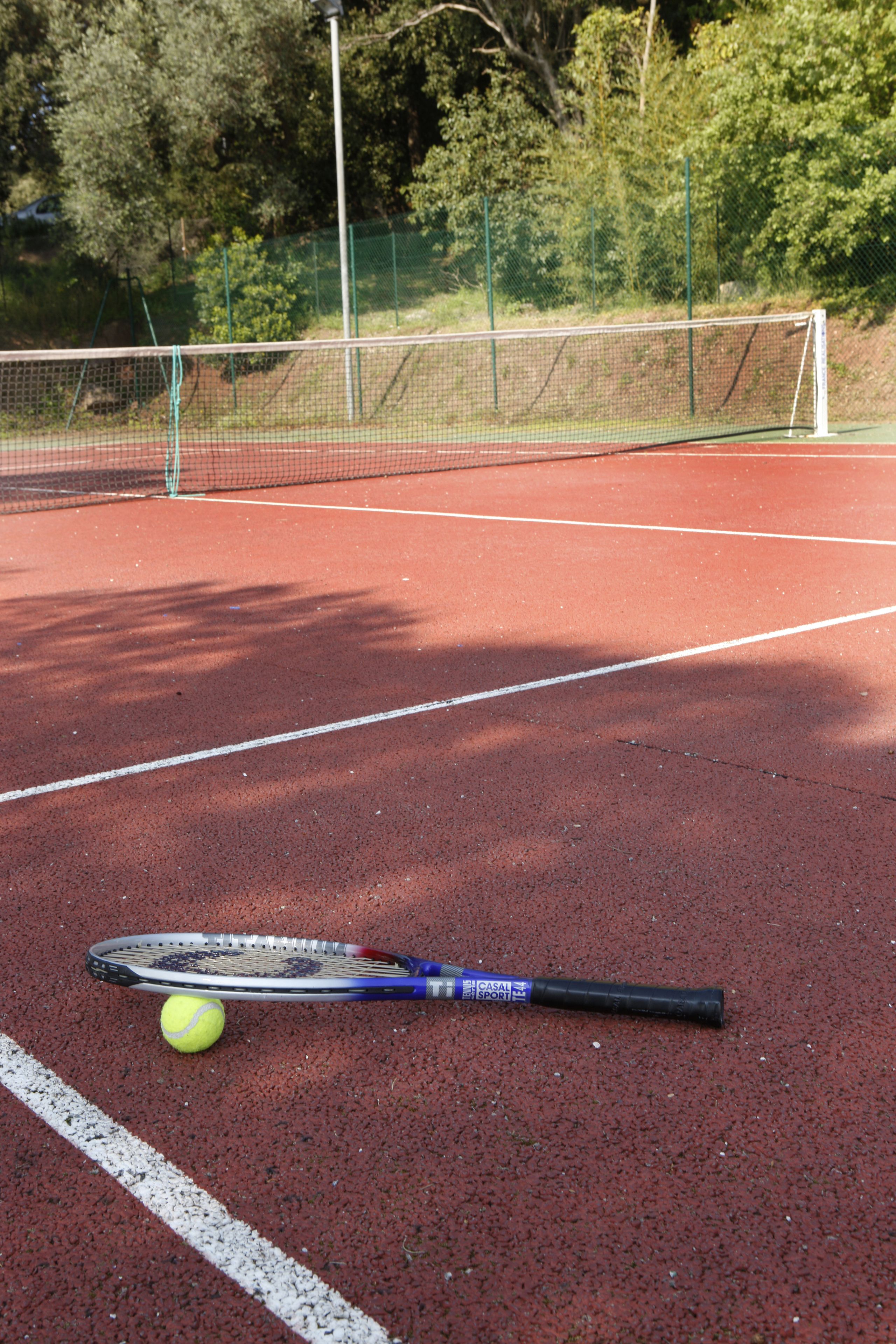 Ein Tennisplatz mit Tennisschläger und Ball, umgeben von einem Zaun und Bäumen.