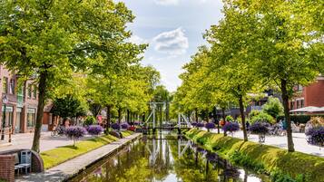 Een gracht met bomen en een brug, omringd door gebouwen en groen.