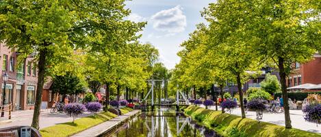 Un canal bordeado de árboles y vegetación, con un puente y edificios circundantes.
