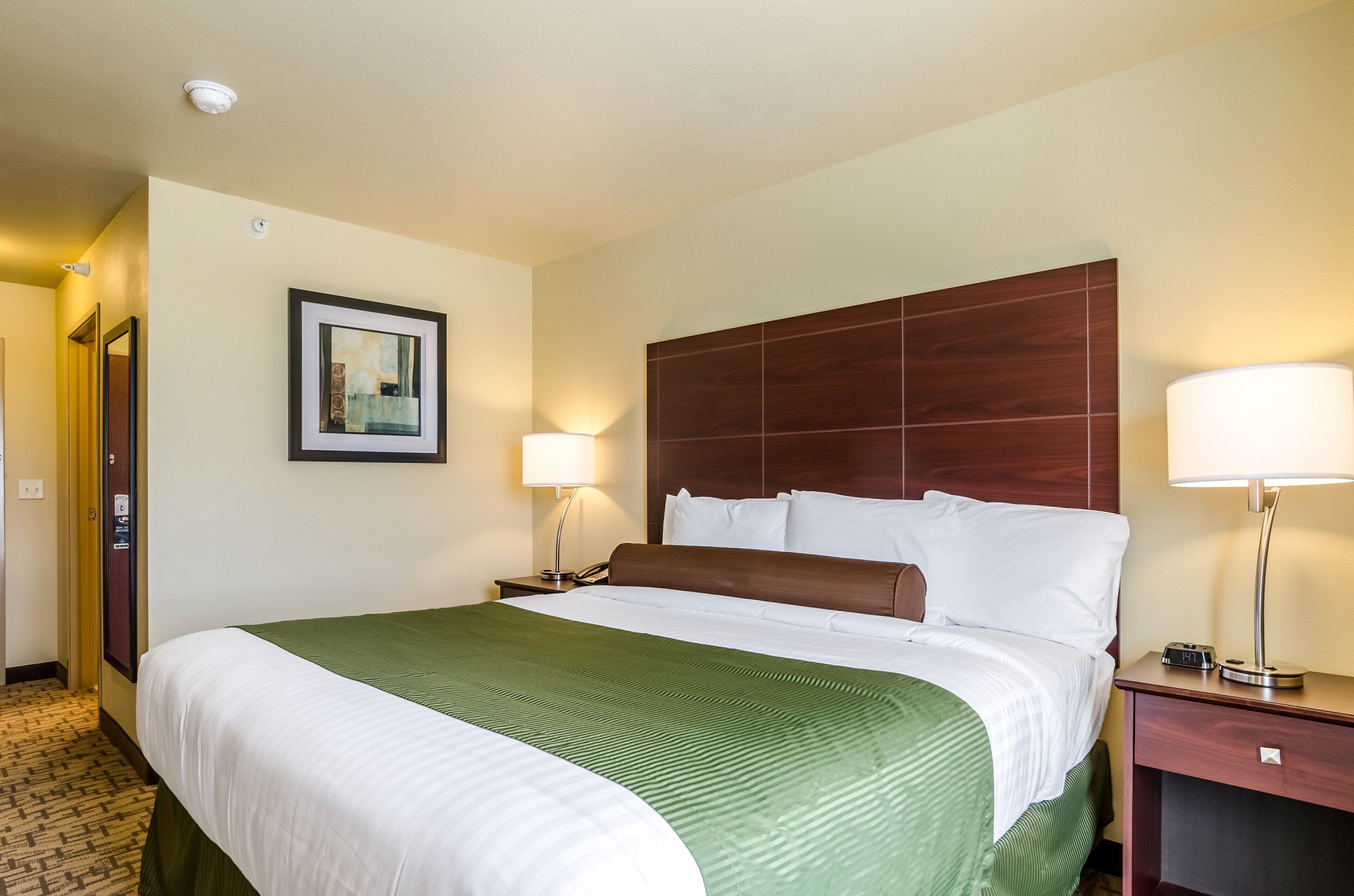 Een hotelkamer met een groot bed, twee bedlampen, een ingelijst schilderij aan de muur en een houten hoofdeinde.