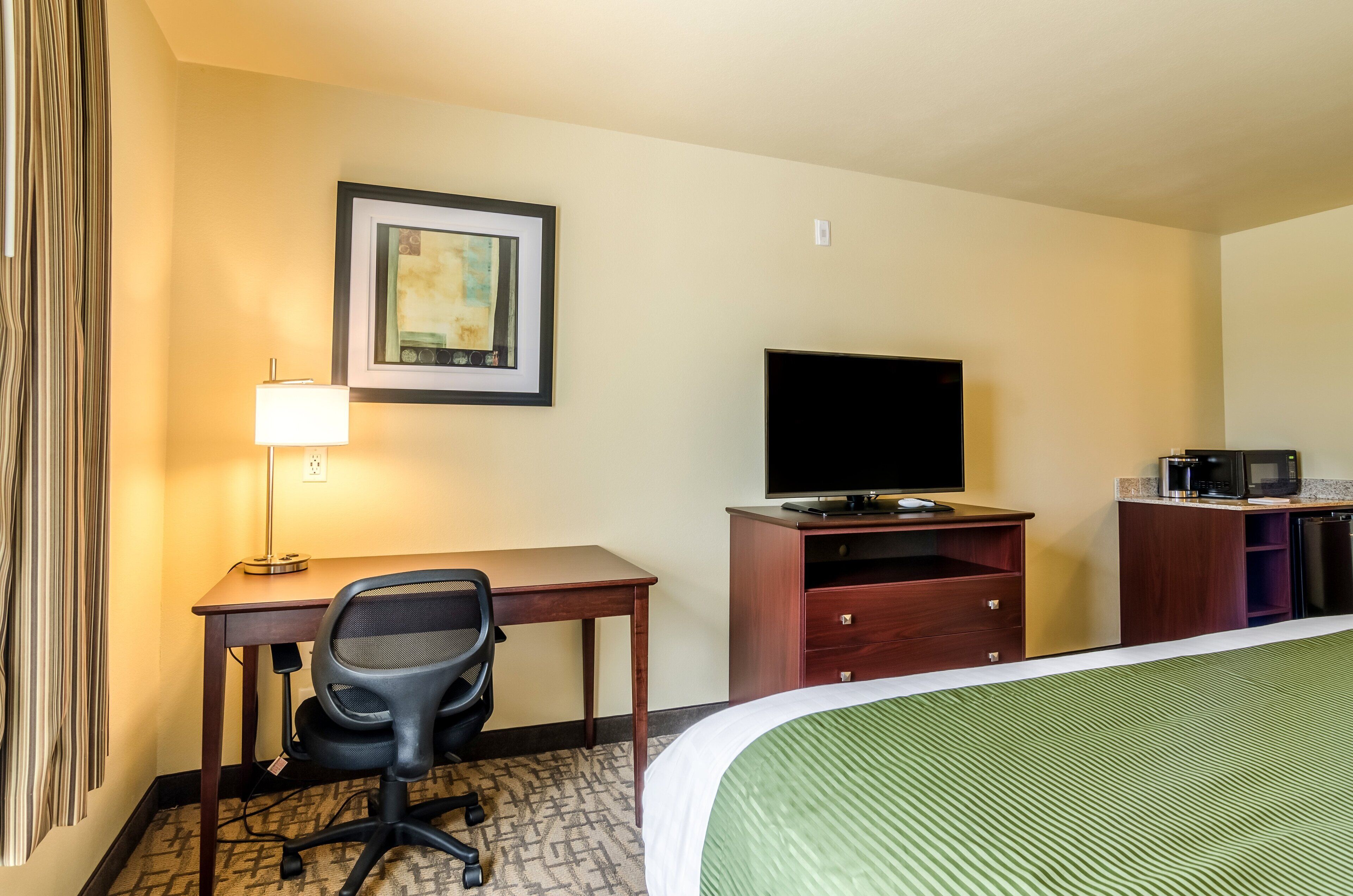 A hotel room with a bed, a desk with a chair, a television, a microwave, and a framed picture on the wall.