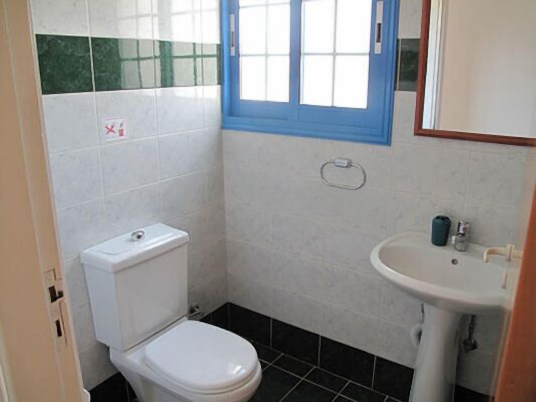 A small bathroom with a white toilet, a sink, and a window with blue trim.