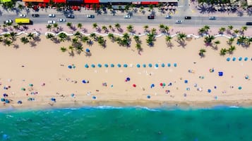 Vista aérea de una playa con hileras de sombrillas y sillas, palmeras y una carretera con automóviles.