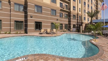 Outdoor pool, pool umbrellas, sun loungers