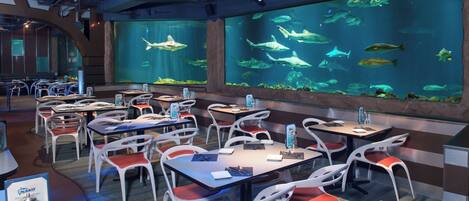 An indoor dining area with tables and chairs, large aquarium windows, and a view of various fish.