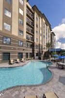 Outdoor pool, pool umbrellas, pool loungers