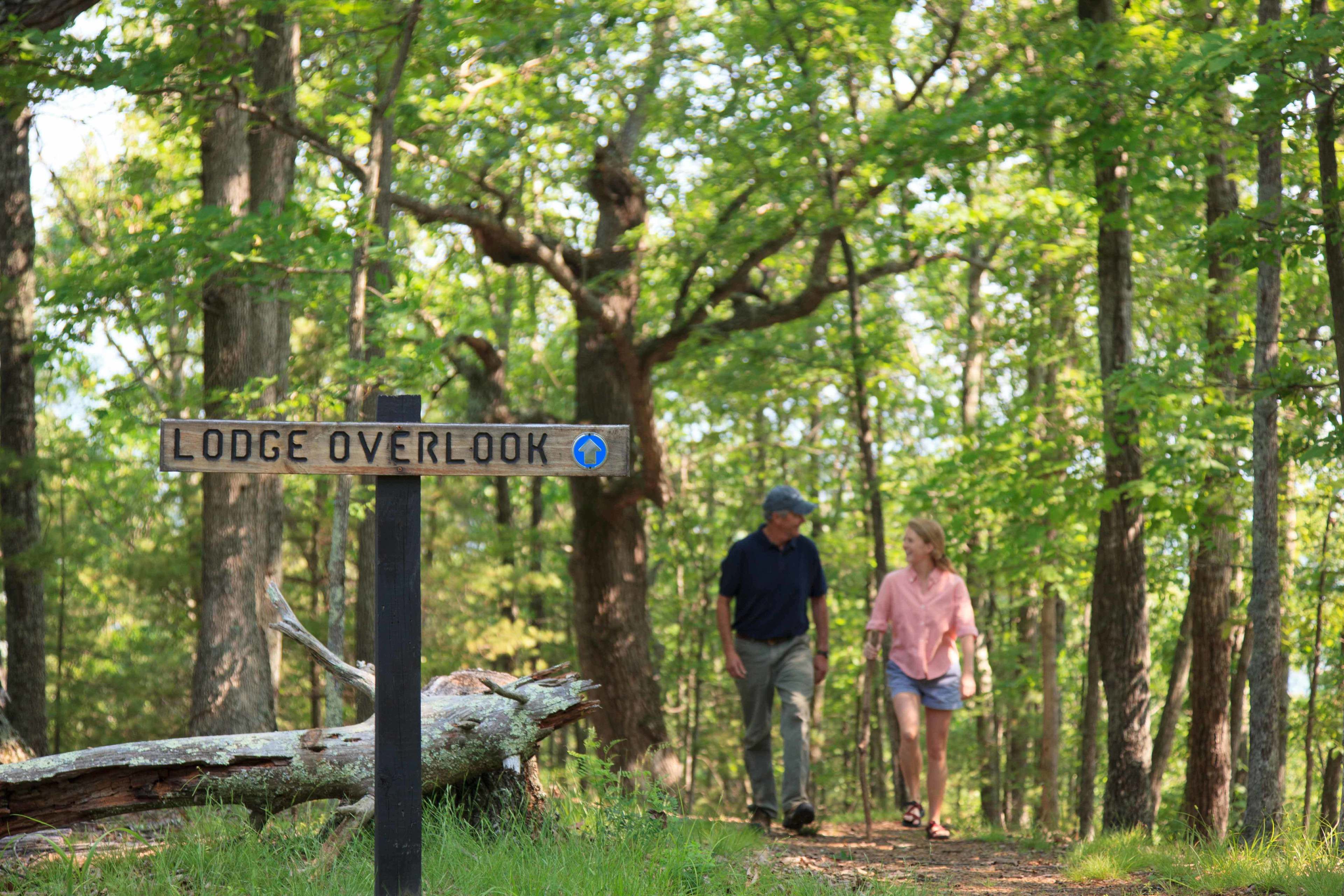 A signpost with 'Lodge Overlook' written on it, surrounded by a forested area with two people walking.