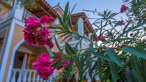 A building with a balcony and pink flowers in the foreground. - Pansion Mary Studios (Zakynthos)