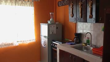 A compact kitchen with a refrigerator, stove, and sink.