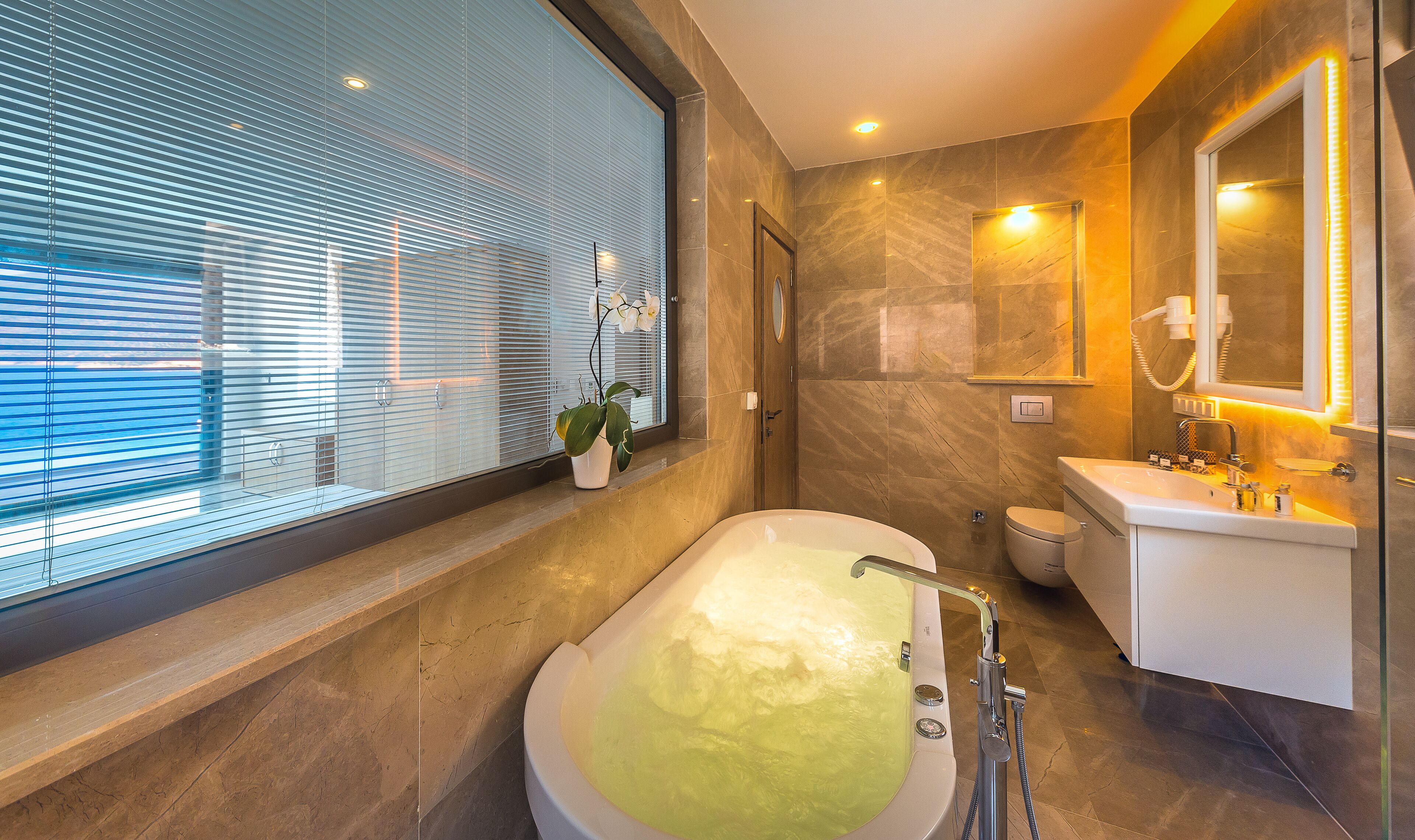 hair dryer, bathrobes, slippers, bidet