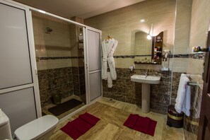 Shower, free toiletries, hair dryer, bathrobes