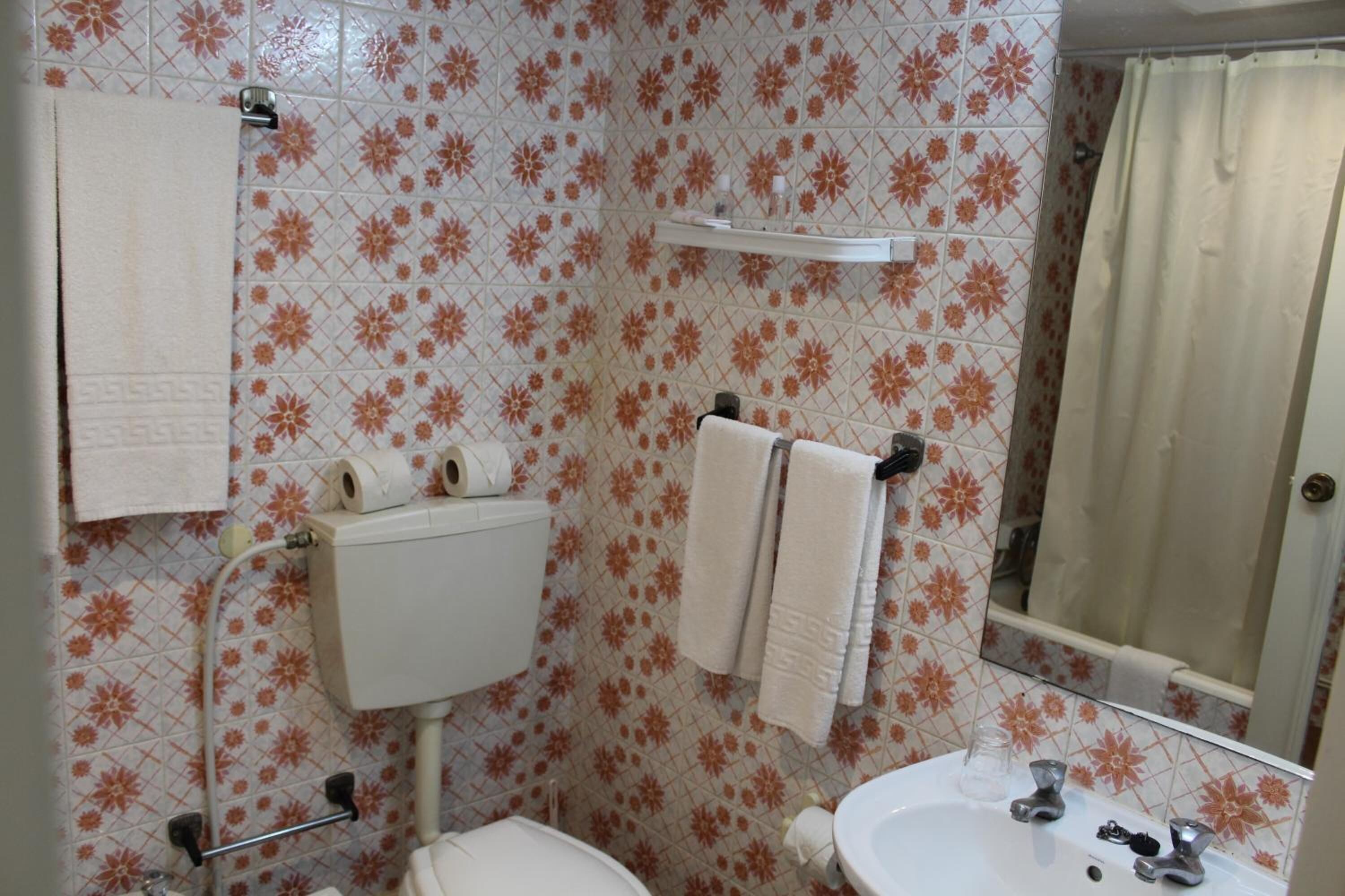 A bathroom with a toilet, sink, and a mirror.