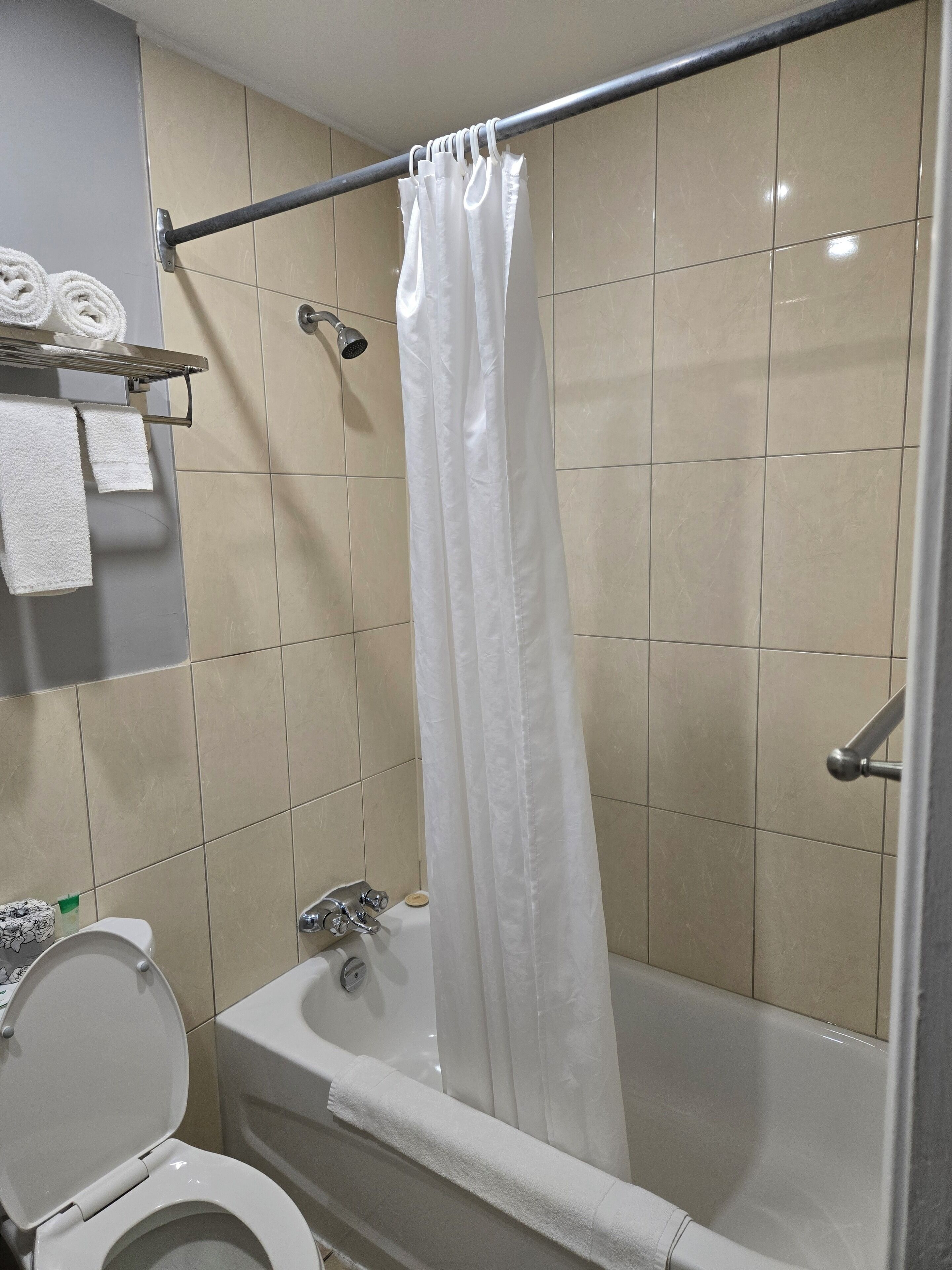 Un bagno con una vasca, una tenda da doccia e un water.