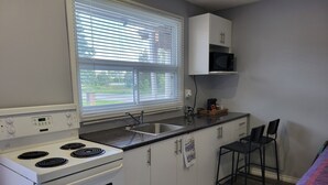 A compact kitchen with a stove, sink, and a microwave on a shelf. - Cobourg Inn (Hamilton Township)