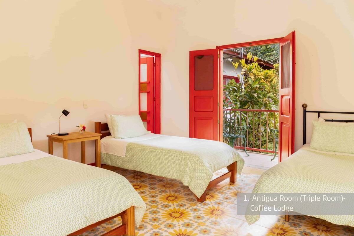 Habitación triple con dos camas, una mesita y un balcón con plantas.