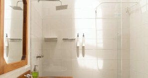 Habitación estándar con 1 cama doble o 2 individuales, baño privado, vistas al jardín | Baño | Ducha, toallas, jabón y champú