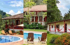 Un resort con piscina, zona de estar exterior y jardín.