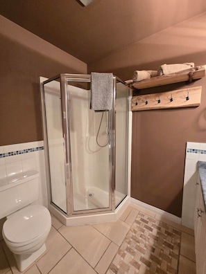 Une petite salle de bain d’angle avec une douche à parois de verre, des toilettes et une étagère avec des crochets.
