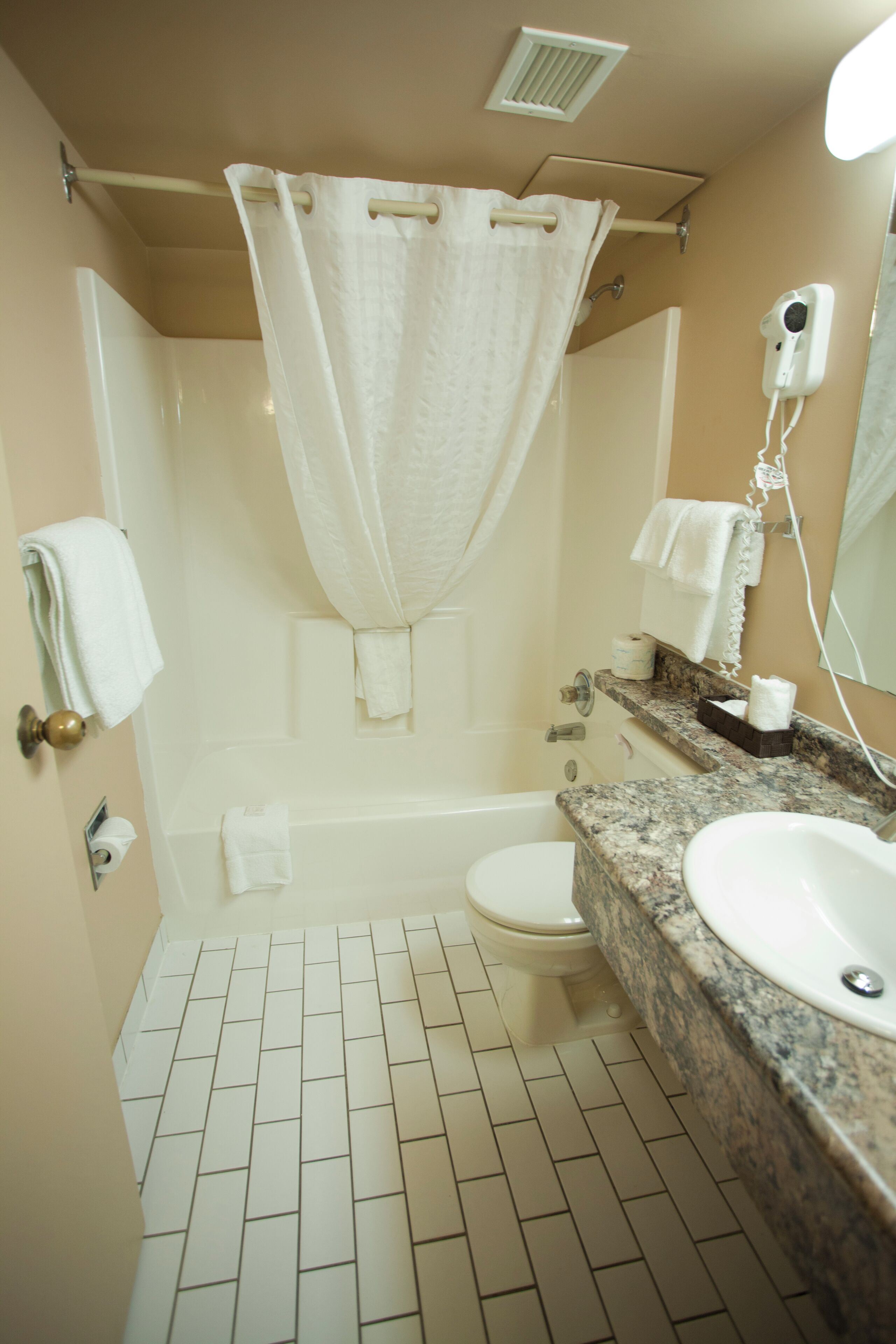combined shower/bathtub, free toiletries, towels