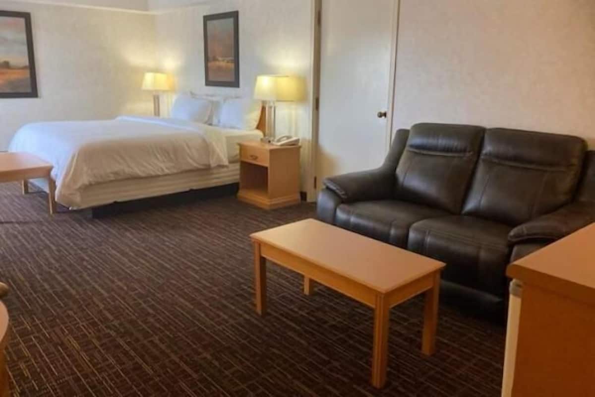 Quarto de hotel com cama, sofá de couro, mesa de cabeceira de madeira, mesa e porta.