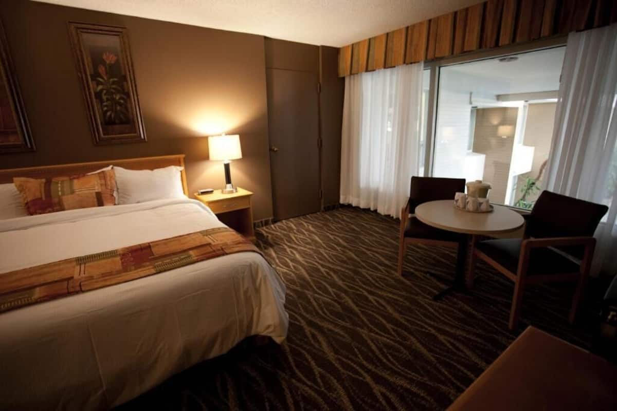 Quarto de hotel com uma cama, mesa de cabeceira com abajur, mesa redonda com cadeiras e uma janela com cortinas.