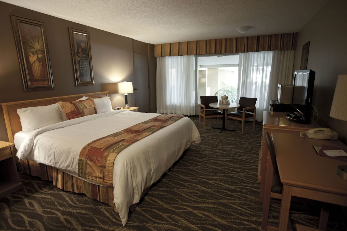 Quarto de hotel com uma cama grande, uma escrivaninha, uma cadeira, um abajur e uma televisão.