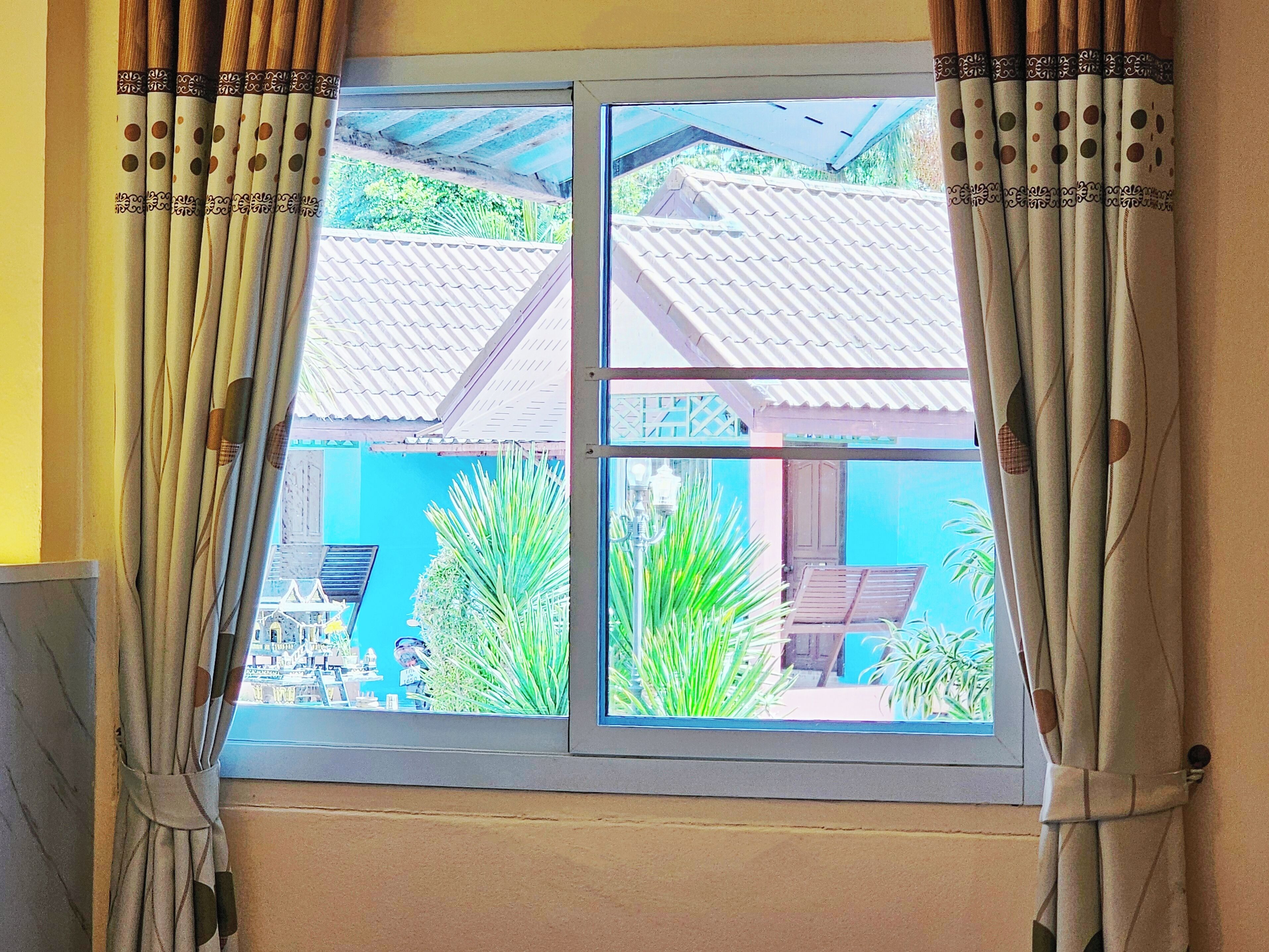 A window with a view of a blue building and green plants outside.