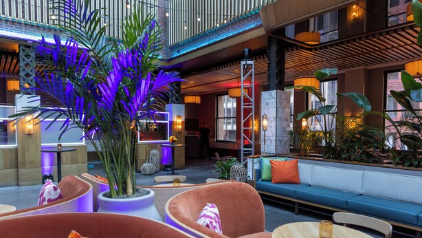 A modern indoor lounge area with seating, a coffee table, and potted plants.