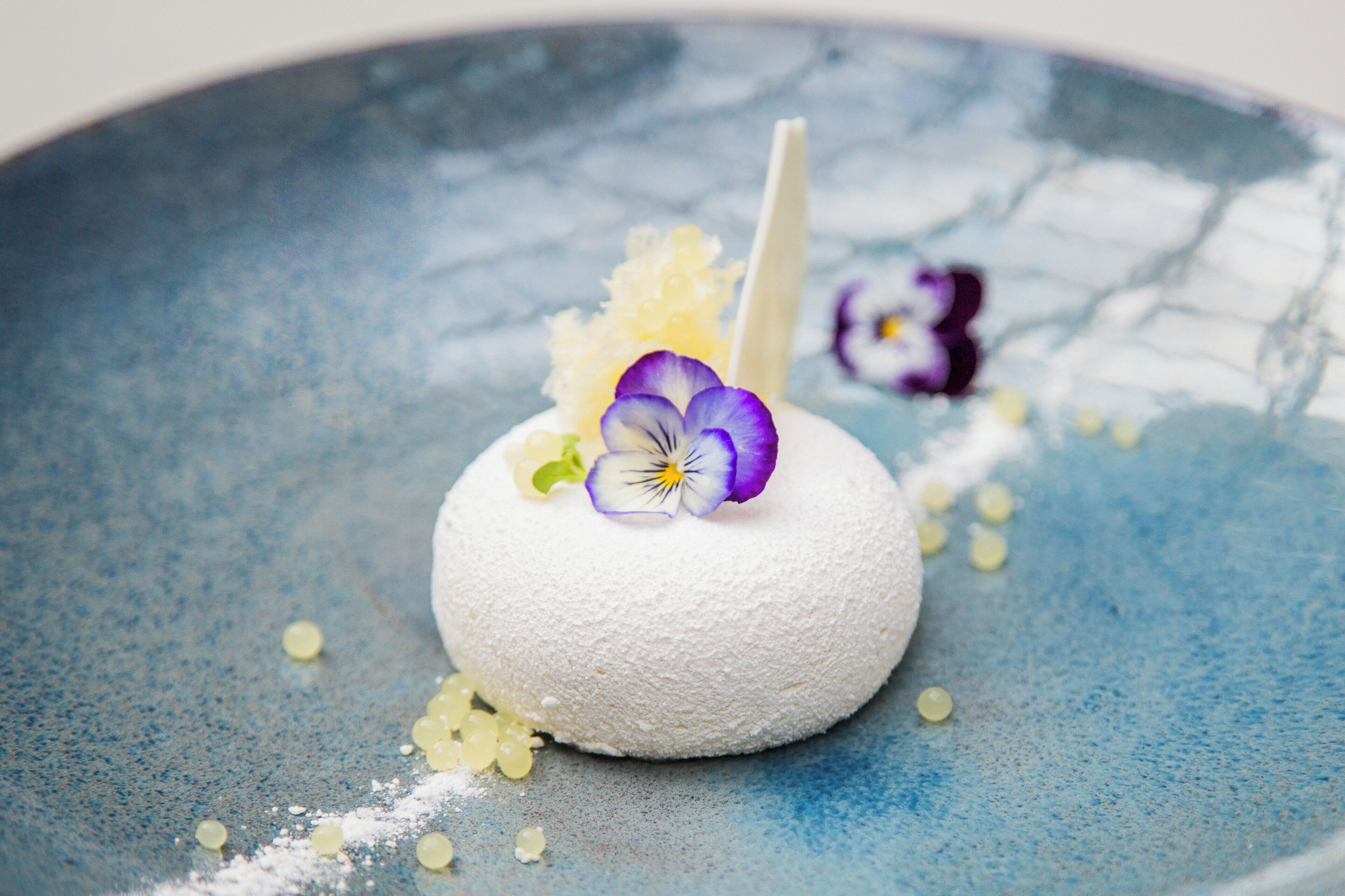 Un postre sobre un plato azul con textura, adornado con una flor.