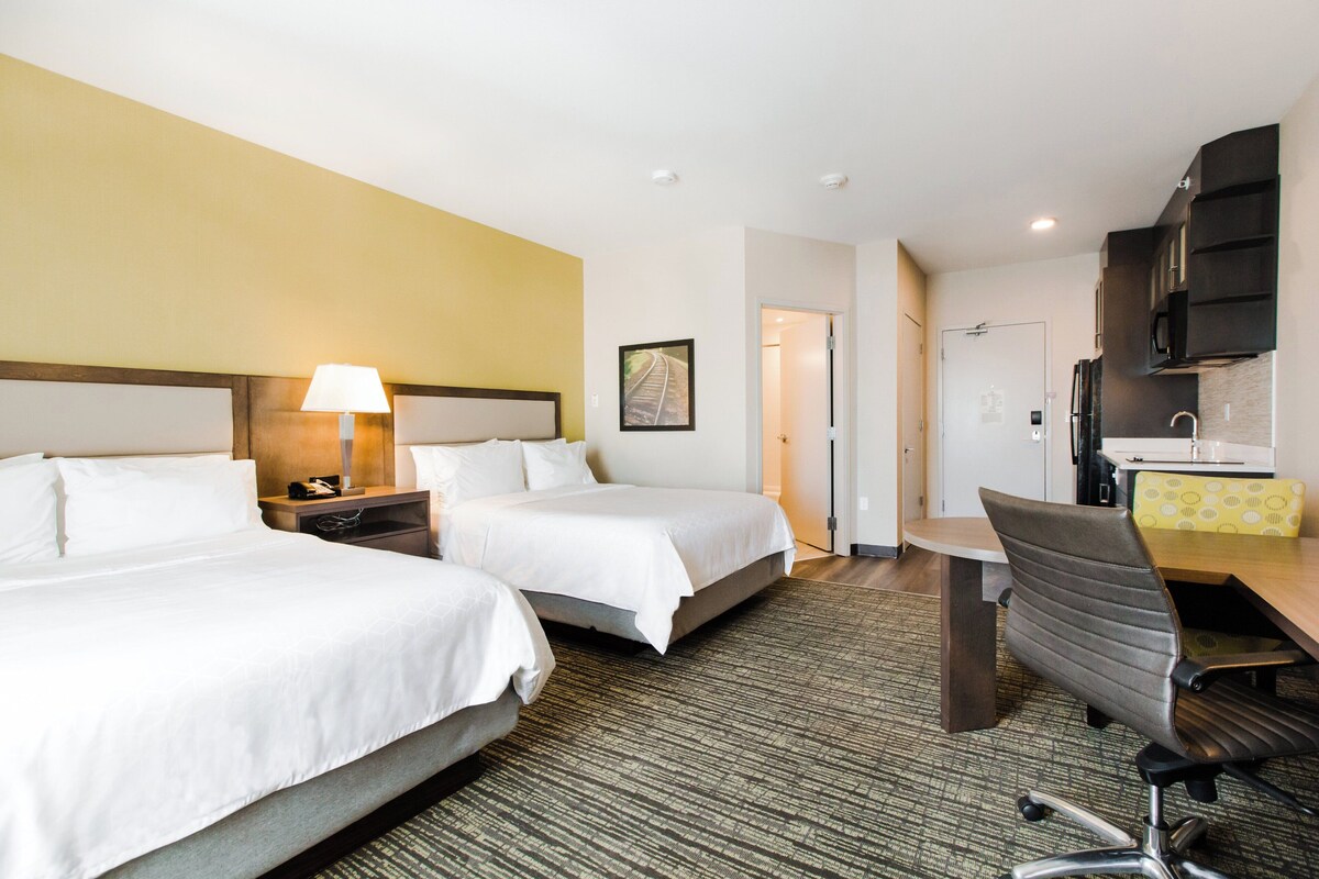 Quarto de hotel com duas camas, uma escrivaninha, uma cadeira, um abajur, um quadro na parede e um micro-ondas.