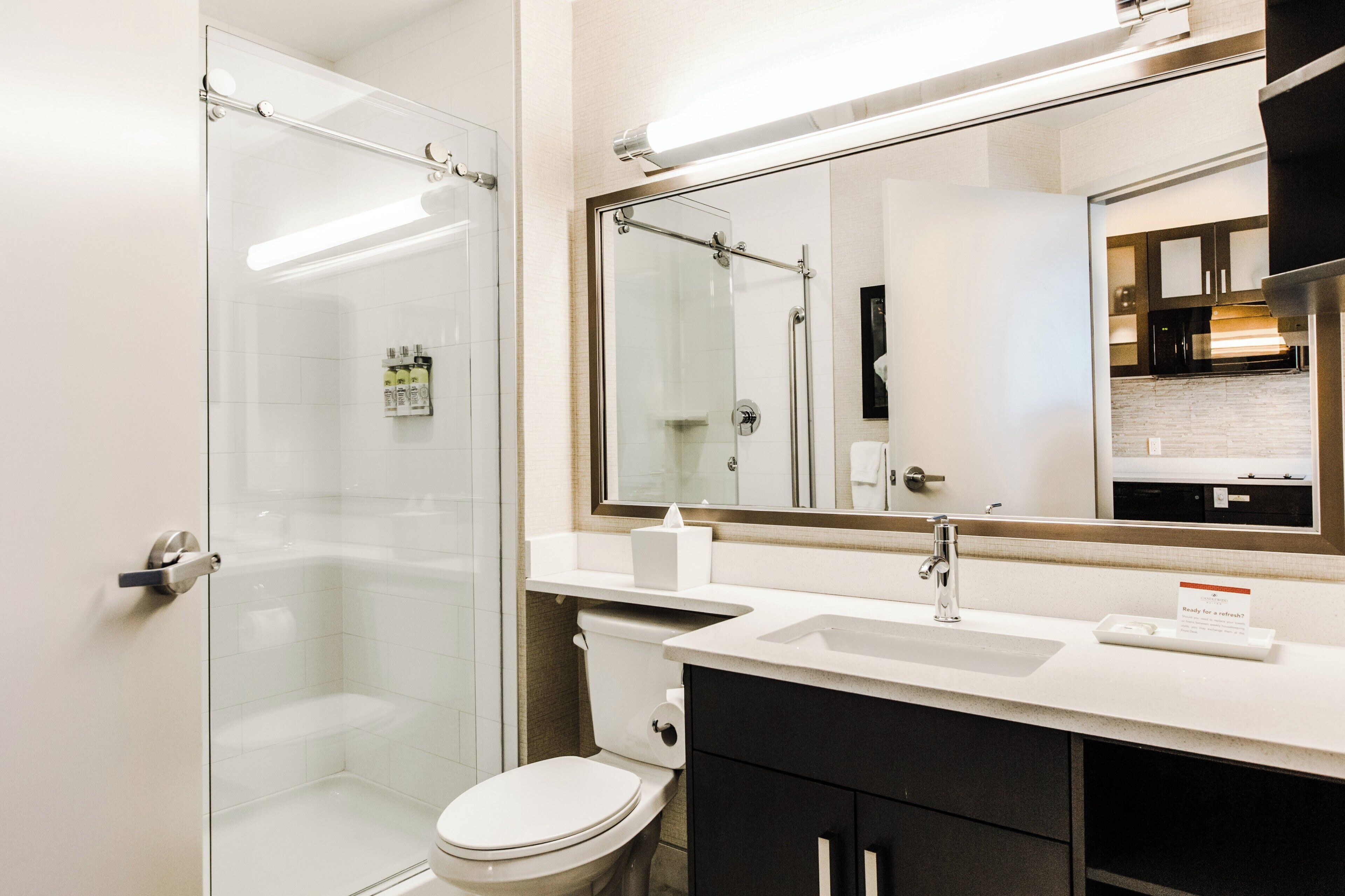 A modern bathroom with a glass shower enclosure, a white toilet, a sink with a mirror above it, and a black cabinet below.