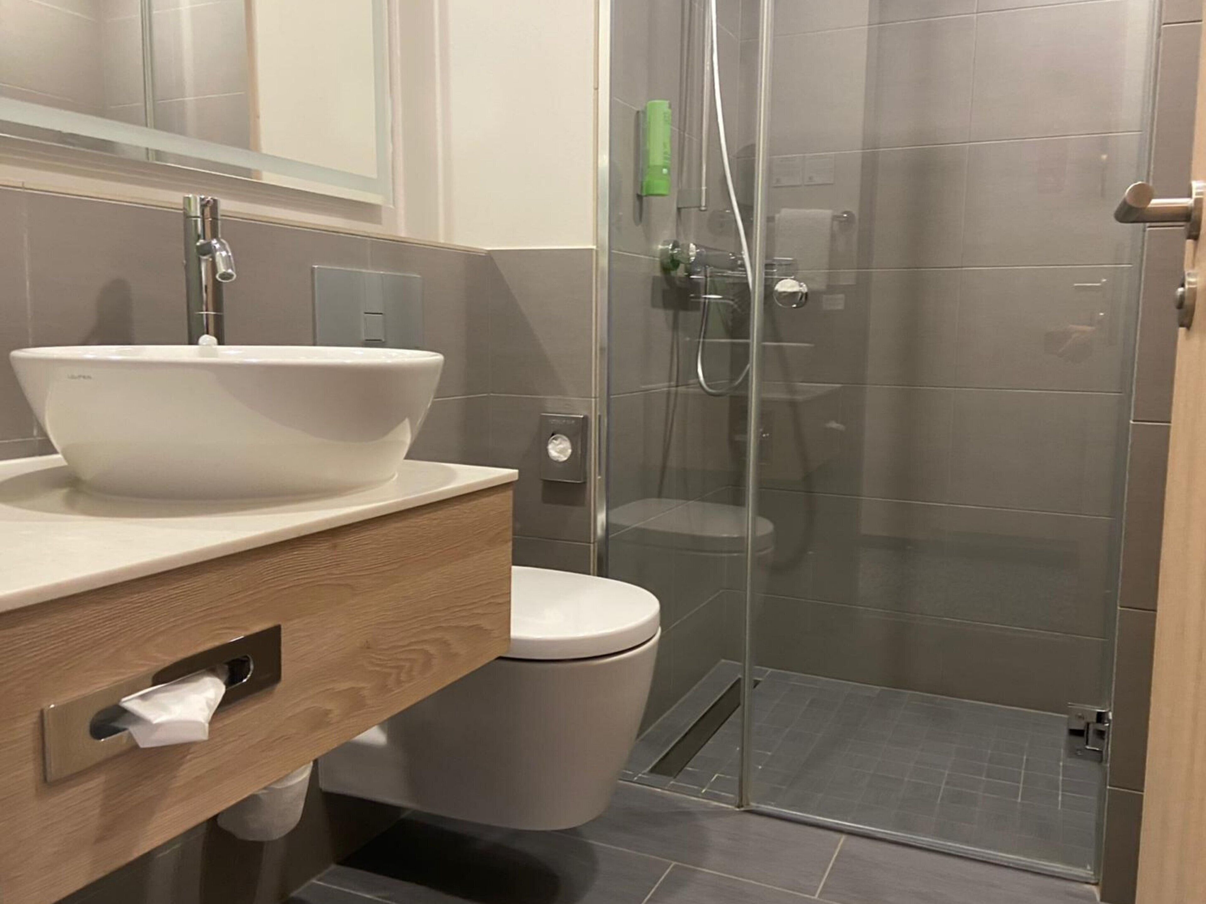 A modern bathroom with a large white basin, a toilet, and a glass-enclosed shower area.