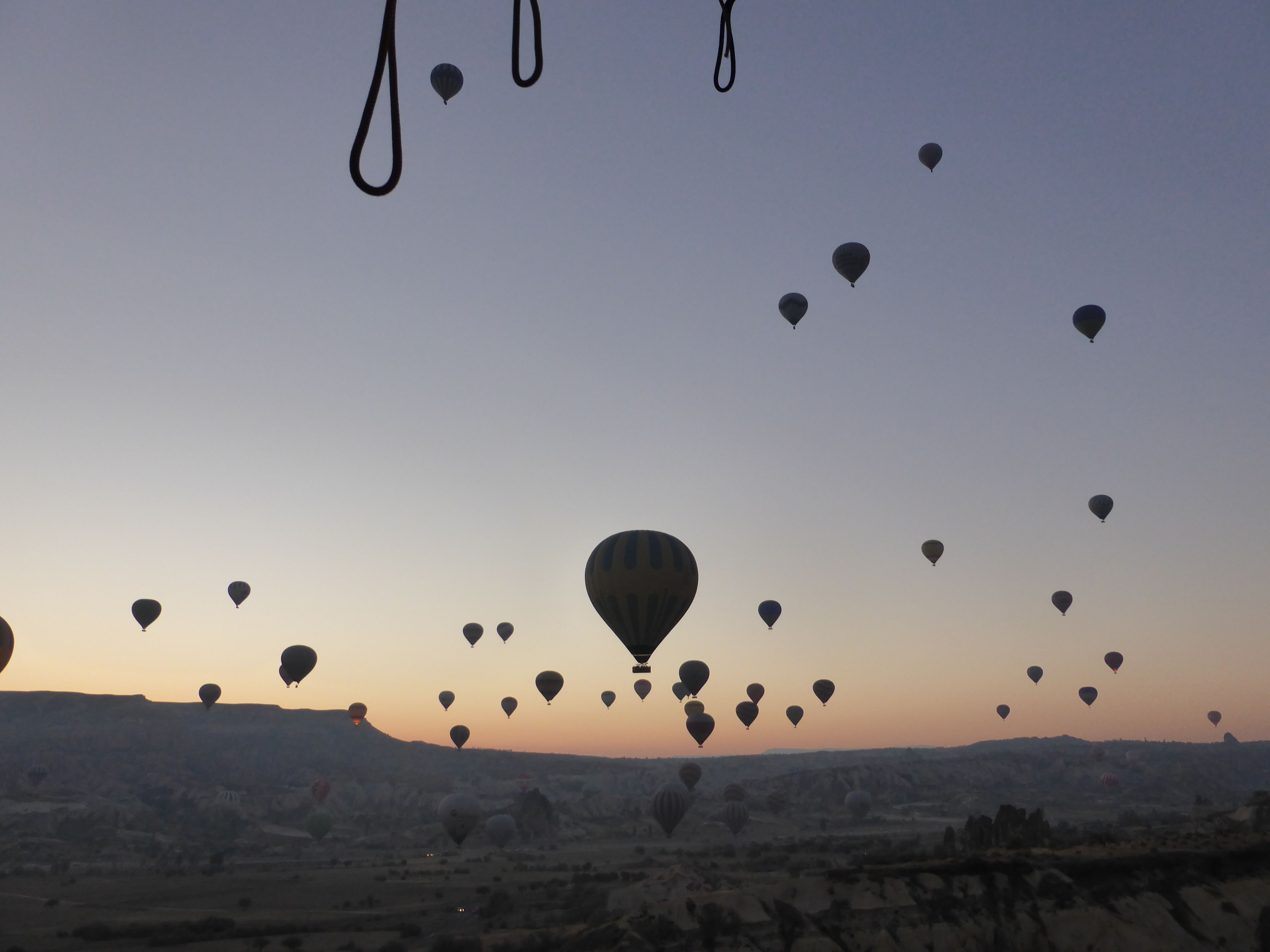 Un paisaje con varios globos aerostáticos en el cielo.