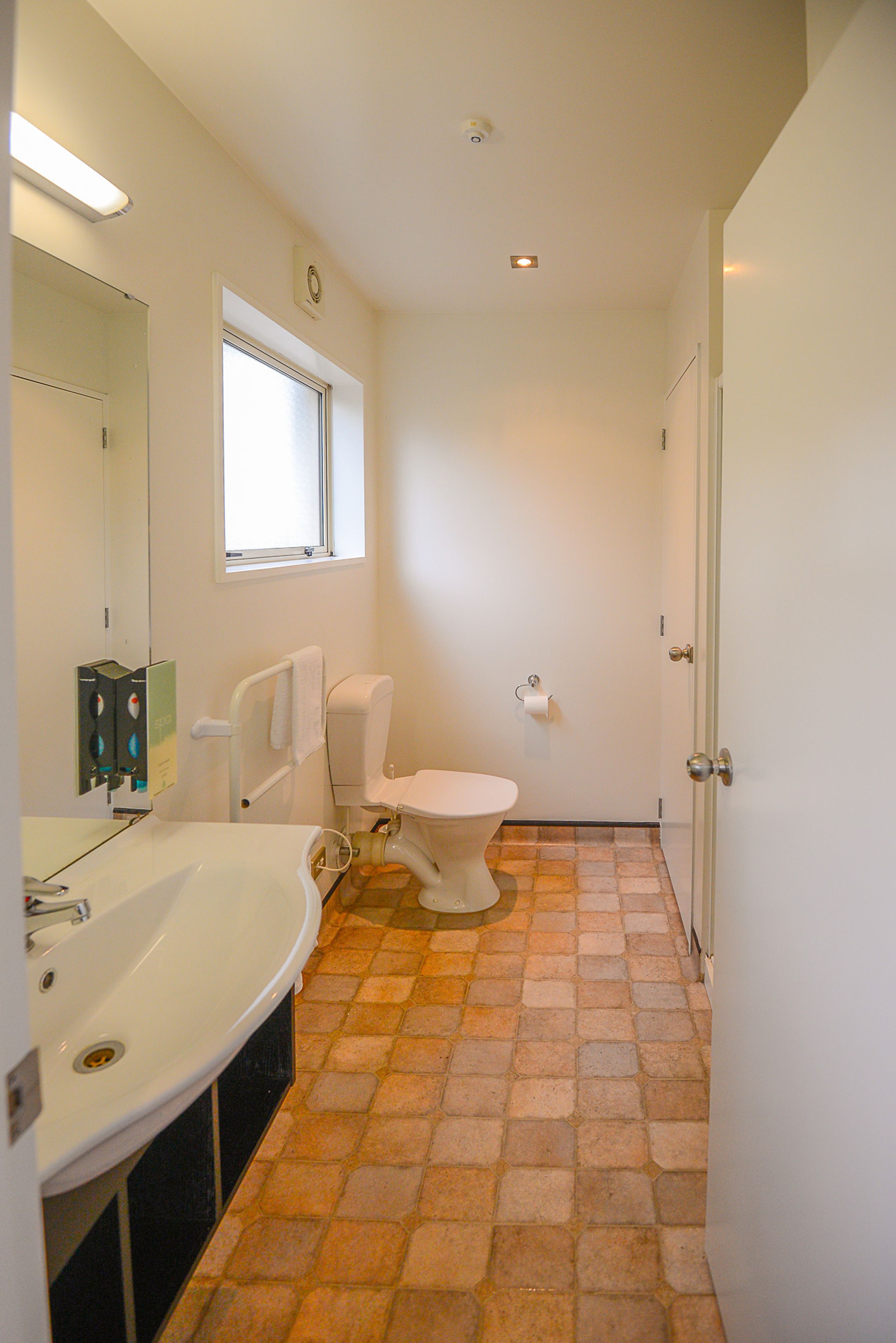 A bathroom with a white toilet, a sink, and a mirror.