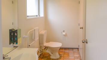 A bathroom with a white toilet, a sink, and a mirror.