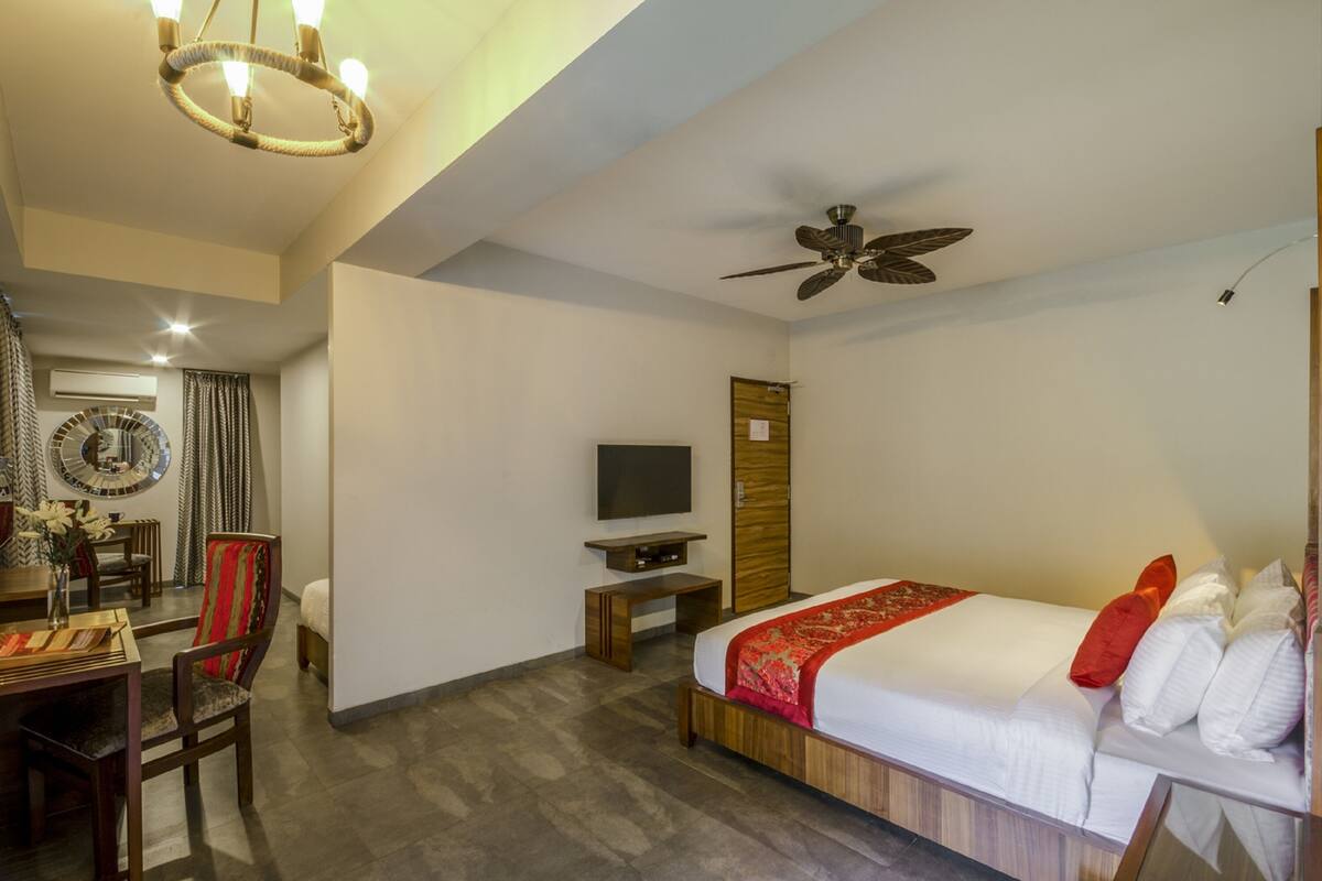 Suíte família, várias camas, terraço | 1 quarto, roupas de cama premium, camas Select Comfort