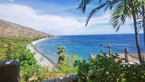 A coastal view with a beach, palm trees, and a clear sky. - Wawa Wewe Rock (Karangasem)