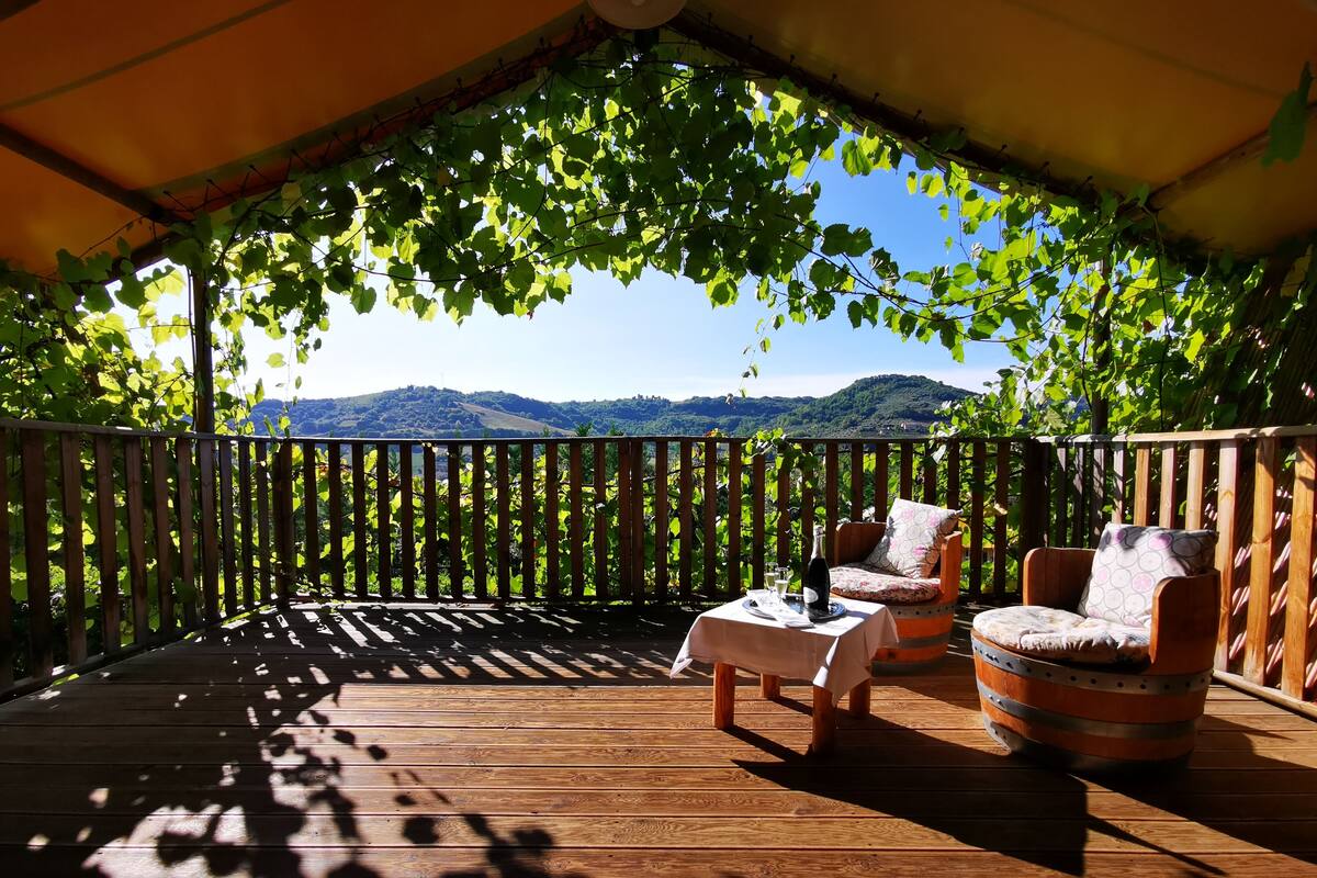 A wooden deck with a table and two chairs under a pergola with vines.