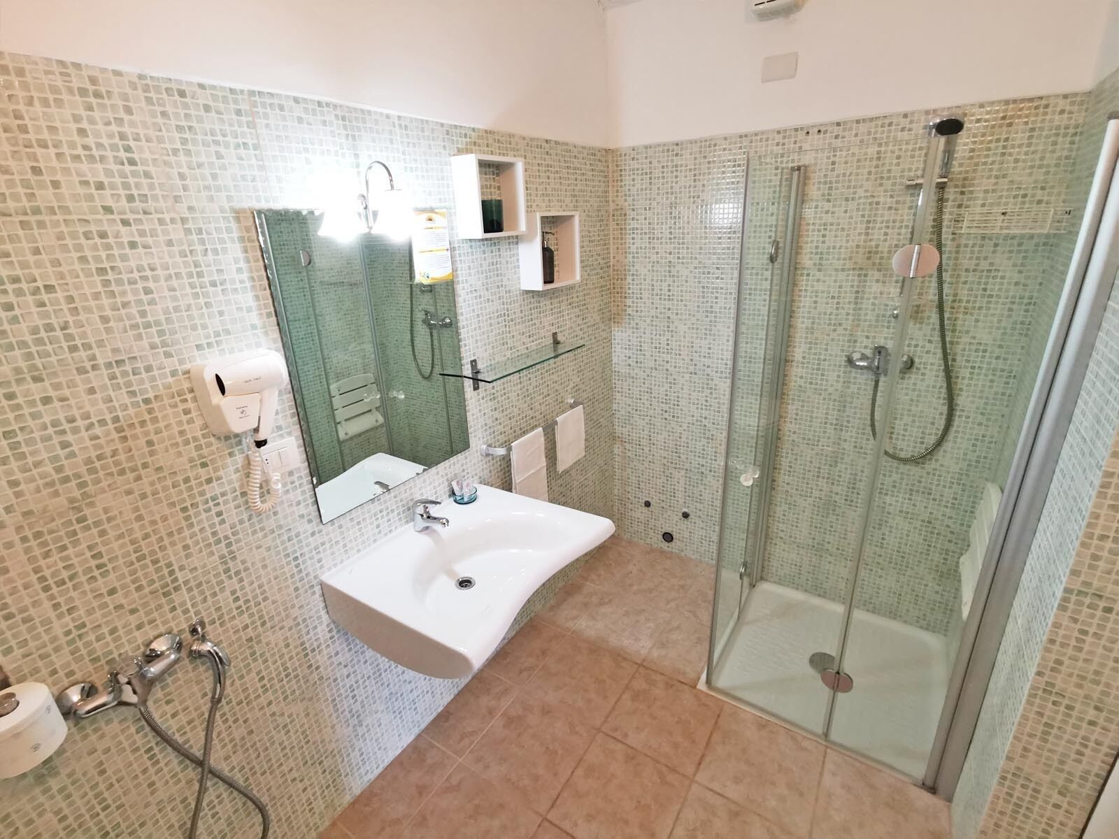 Un bagno con doccia vetrata, un lavandino bianco e uno specchio.