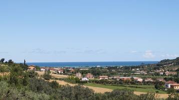 Eine Küstenstadt mit Häusern, Feldern und freiem Blick auf das Meer.
