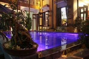 Une piscine à fond de verre, entourée de plantes en pot et bordée d’un bâtiment doté d’un balcon.