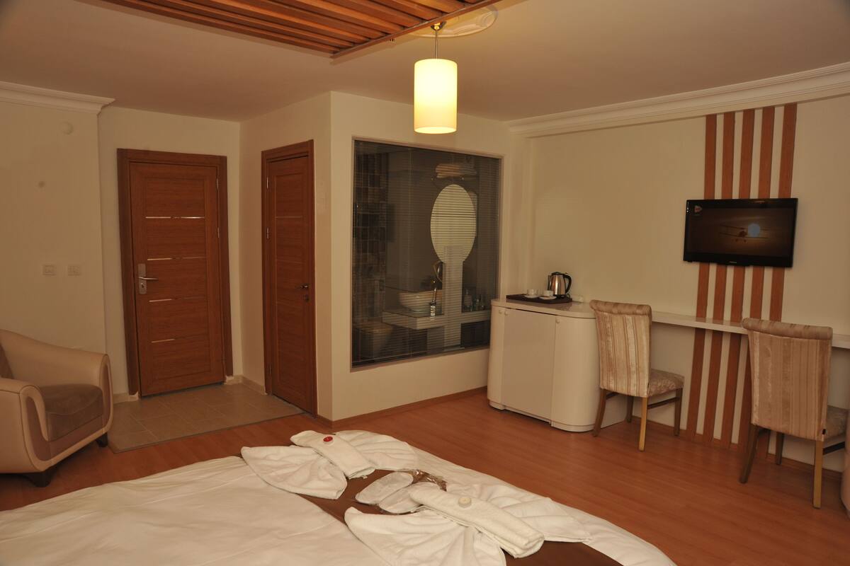A hotel room with a bed, a desk, a chair, a television, and a mirror.