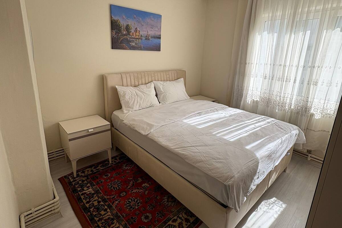 A bedroom with a bed, a nightstand, a rug, a painting, and a window with curtains.