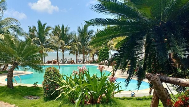 Una piscina rodeada de palmeras y un cielo despejado.